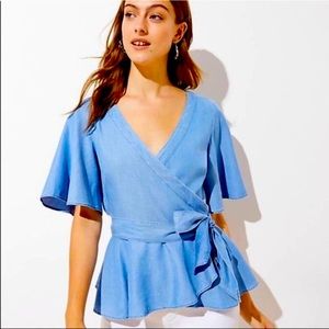 NWOT LOFT Blue Denim Chambray Flutter Sleeve Wrap Top size SP